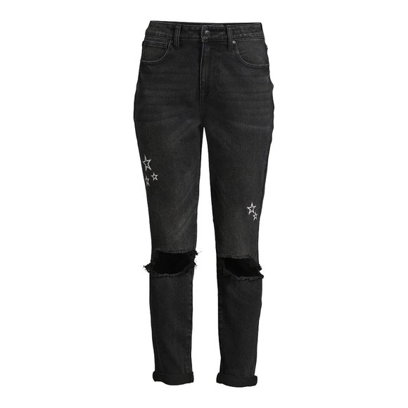New Juniors 13 Black Jeans  Super High Rise Destructed Embroidered Stars - Picture 4 of 14